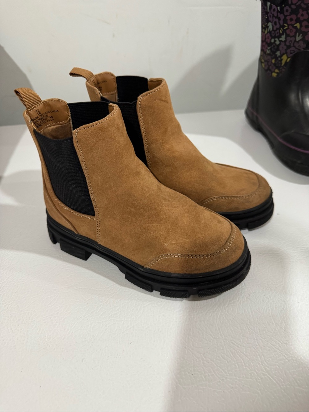 Old Navy Tan Suede Chelsea Rain Boots with Black Elastic